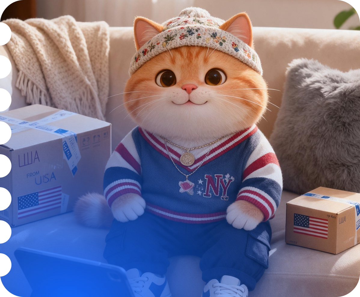 A cat in a sweater with packages from the USA